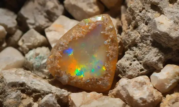 stock image Natural gem black rainbow opal on brown background