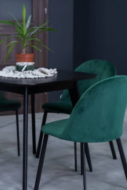 Siyah ahşap masa ve yumuşak kumaş döşemeli yeşil ahşap sandalyeler. Masanın üzerinde kahverengi bir saksıda yeşil bir bitki var.