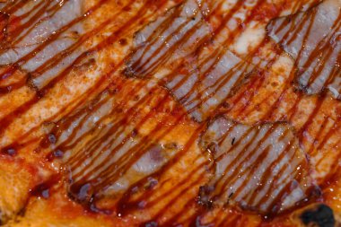 Salamlı ve jambonlu pizza. Peynirli ve kaparili et pizzası.