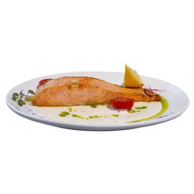 Gourmet Grilled Salmon Fillet with Creamy Sauce and Fresh Garnishes on Elegant White Plate. clipart