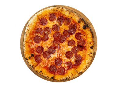 Tahta Tahta üzerinde Lezzetli Pepperoni Pizza Üst Manzara Mutfak Lezzeti.