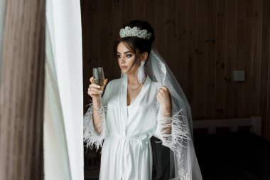 Şampanyalı Şampanyalı Zarif Gelin, Şatafatlı Giysiler ve Parlak Mücevherlerle süslenmiş.