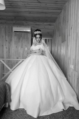 Elegant Bridal Portrait in Rustic Wooden Room: A Monochrome Study of Grace and Serenity. clipart