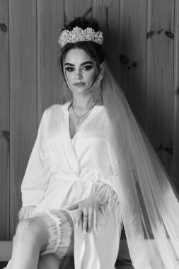 Tahta Arkaplan 'dan Karmaşık Taç ve Peçeli Zarif Özenli Gelin.