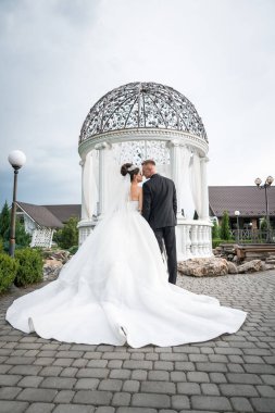 Zarif Çardak Arkaplanının Altında Sarılan Romantik Açık Hava Düğün Çifti.