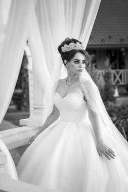 Zarif Beyaz Elbiseli Büyüleyici Gelin ve Parıldayan Taçlı Serenely Açık Hava Bakışları.