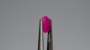 Pembe bir Gemstone 'un Zarif Yakın Çekimi Tarafsız Bir Arkaplana Karşı Hassas Cımbızlar Tarafsız Bir Cımbız Tarafından Korunuyor