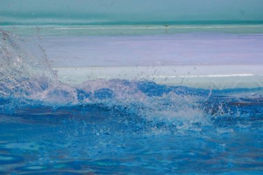 Büyüleyici Su Parlak Güneş Işığı Altında Kristal berrak bir havuza sıçradı.