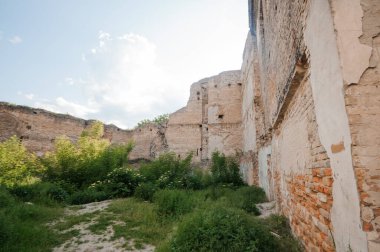 Parlak bir gökyüzünün altında yemyeşil ile çevrili Antik bir Kalenin kalıntıları.