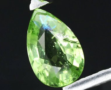 Enfes Armut şekilli Peridot Gemstone Canlı Yeşil Renkler ve Karmaşık Yüzler Gösteriyor.