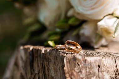 Kırsal Ormanda Zarif Alyanslar Arkaplanda Narin Çiçeklerle.