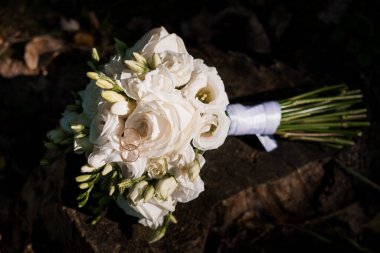 Kırsal bir kütükte alyansları olan zarif beyaz gelin buketi..