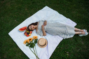 Serene Yaz Pikniği Taze meyveler ve ayçiçekleri.