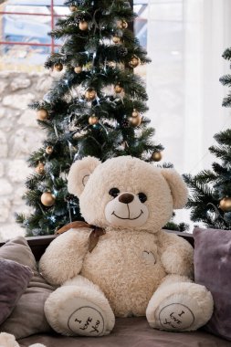 Cozy Christmas Scene with Adorable Teddy Bear Surrounded by Pine Trees. clipart