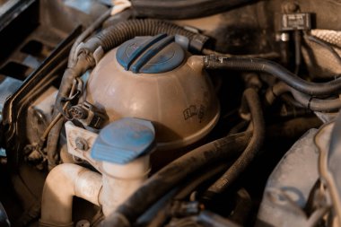 Bir Aracın Motor Soğutma Deposunun Çevreleyen Bileşenleriyle Yakın Çekimi.