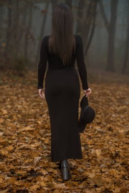 Enigmatic Elegance: A Woman in a Long Black Dress Amidst Autumn Leaves. clipart