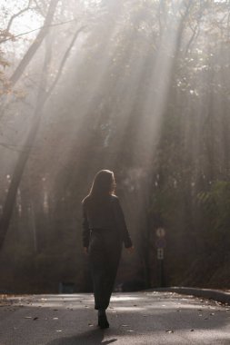 Gizemli Güzellik: Güneş Işığı Işıklarıyla Sisli Ormanda Yürüyen Bir Kadın.