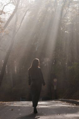 Enigmatic Beauty: A Woman Walking in a Misty Forest with Rays of Sunlight. clipart