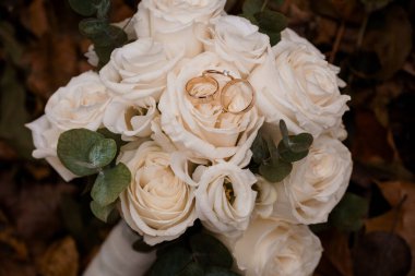 Fildişi Güller ve Altın Yüzüklerle Güzel Gelinlik Çiçeği.