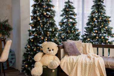 Cozy Holiday Ambiance with Christmas Trees and a Plush Teddy Bear. clipart