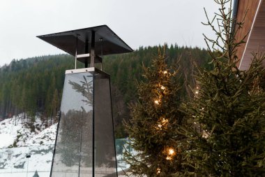 Evergreen Ağaçlarıyla çevrili Modern Açık Bahçe Isıtıcısı.