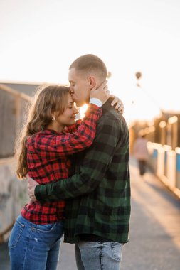 Sıcak Flannel tişörtlü neşeli bir çiftin samimi günbatımı kucaklaması.