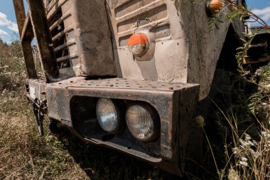 Terk Edilmiş Pas ve Fazla Yeşillenmiş Bitkilerle Terk Edilmiş Vintage Truck Front.