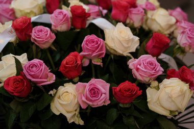 Çerçeveyi kırmızı, pembe ve beyazın çeşitli tonlarında gür, canlı bir gül buketi doldurur, bereketli yeşil yapraklar ile güzel bir çiçek aranjmanı oluşturur, içten bir hediye ya da dekorasyon olarak sunulur..