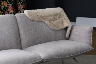 Açık bej bir koyun derisi fırlatma rahat gri modüler bir kanepenin üzerine gelişigüzel örtülür. Çiçekli bir koltuğu tamamlar. Saf bir iç mekan tasviri için ideal.