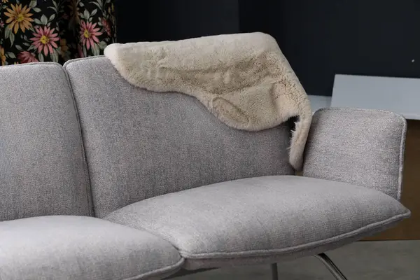 Açık bej bir koyun derisi fırlatma rahat gri modüler bir kanepenin üzerine gelişigüzel örtülür. Çiçekli bir koltuğu tamamlar. Saf bir iç mekan tasviri için ideal.