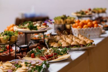 Kapsamlı bir açık büfe, leziz mezeler. Isırık büyüklüğünde sandviçler, renkli meyveler, pişirilmiş etler, peynirler ve taze sebzeler de dahil. Zarifçe sunulmuş.