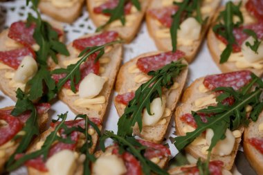 Üzerinde canlı salam dilimleri, kremalı mozzarella ve taze roka bulunan birkaç crostini 'nin yakın plan çekimi. Beyaz kağıt üzerinde güzelce düzenlenmiş, İtalyan aperatiflerini sergiliyor.