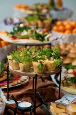 Zarif bir yemek büfesi, salatalar, portakal dilimleri ve peynirlerle dolu minyatür bardaklar da dahil olmak üzere aperatifler için katmanlı bir düzenleme sergiler.