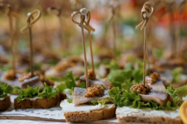 Canlı yeşil otlarla süslenmiş ve dekoratif kazmalarla süslenmiş kızarmış crostini ekmeği dilimlenmiş nefis sardalya aperatifleri.