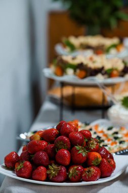 Odak noktası olarak taze çilek piramidi olan bol meyveli bir gösterinin yakın çekimi, servis tabakları üzerinde renkli mezelerin yanı sıra, bulanık bokeh arka plan ile sofistike bir yemek servisi düzenleme