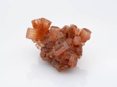 Çarpıcı bir aragonit kristal kümesi sıcak kahverengi ve turuncu renklerde karmaşık fan benzeri oluşumlar sergiler, mineral koleksiyonu ve sergilenmesi için ideal doğal jeolojik bir örnek sergiler.