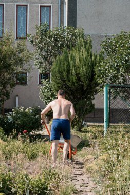 Tuğla bina, ağaçlar, yaz yeşilliği olan ve gerçekçi bir yaşam tarzını gösteren bir bahçedeki yemyeşil bir evde üstsüz bir adam el arabasını itiyor.