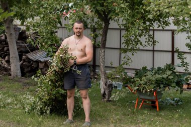 Tişörtsüz bir adam yemyeşil bir bahçede duruyor, elma ağaçlarıyla ilgileniyor ve yanında el arabası olan bir sebze tarlası var, açık havada yazlık iş yapıyor.