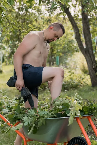 Tişörtsüz bir adam, bir elektrikli testere kullanarak verimli bir bahçenin dallarını özenle kesiyor ve kesikleri turuncu bir el arabasına yerleştiriyor.