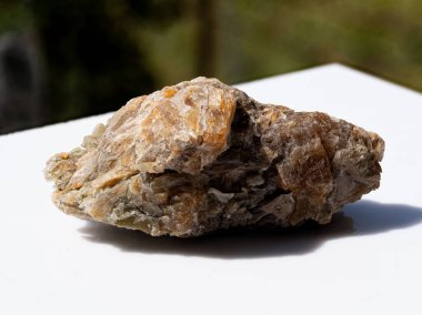 Altın ve kahverengi tonlarda sergilenen pürüzsüz, cilalanmamış mika taşının yakın plan bir görüntüsü, eğitici veya bilimsel kullanım için ideal olan doğal kristal yapısını gözler önüne seren beyaz bir yüzey üzerindedir.