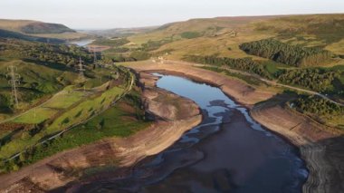 Sersemletici hava görüntüleri kuraklığın Derbyshire 'daki Woodhead Reservoir' daki etkisini gözler önüne seriyor. Düşük su seviyeleri ve kuru zemin ortaya çıkıyor. Bu kavrulmuş manzara, iklim değişikliği endişelerini vurguluyor.