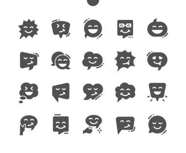 Duygusal konuşma balonu. Eğlence bulutu. Sohbet, diyalog, çizgi roman, mesaj, iletişim, sosyal, gülümseme. Vektör Katı Simgeleri. Basit Resim Grafiği