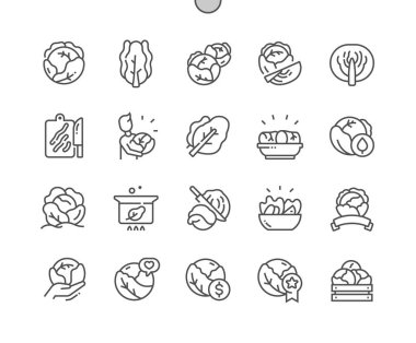 Lahana sebzesi. Çiftlik pazarı, vejetaryen salatası. Yemek pişirme, yemek tarifleri ve fiyat. Yiyecek dükkanı, süpermarket. Piksel Mükemmel Vektör İnce Çizgi Simgeleri. Basit Asgari Resim Grafiği