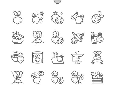 Pancar sebzesi. Yemek pişirme, yemek tarifleri ve fiyat. Tam ve kesilmiş pancar. Yiyecek dükkanı, süpermarket. Pancar suyu. Piksel Mükemmel Vektör İnce Çizgi Simgeleri. Basit Asgari Resim Grafiği