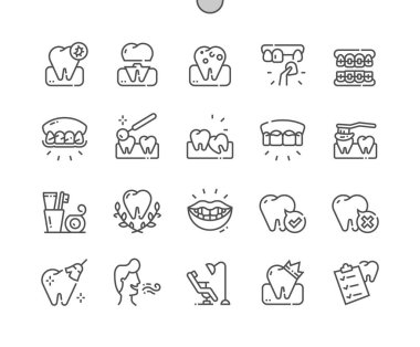 Diş hekimliği. Sağlık, sağlık ve ilaç. Diş teli, diş fırçası, diş tacı, diş eti iltihabı. Hijyen ürünleri. Piksel Mükemmel Vektör İnce Çizgi Simgeleri. Basit Asgari Resim Grafiği