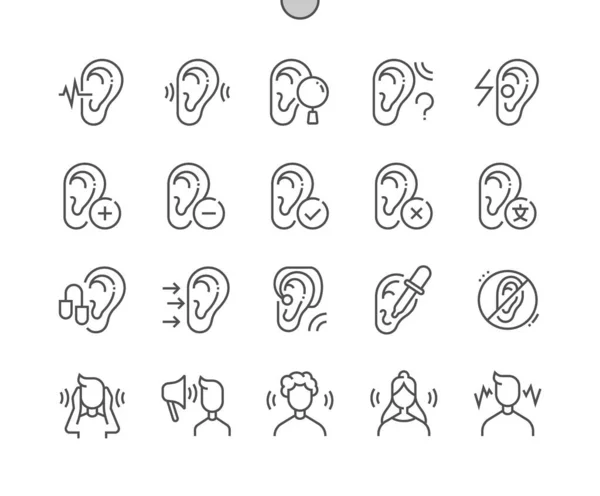聴覚障害だ 耳と補聴器 聞いてくれ 聴覚を探せ ピクセルパーフェクトベクトル細い線のアイコン シンプルなミニマムピクトグラム — ストックベクタ