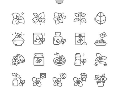 Oregano yaprakları. Baharat. Kurabiyeli yemek. Yemek pişirme, yemek tarifleri ve fiyat. Yiyecek dükkanı, süpermarket. Piksel Mükemmel Vektör İnce Çizgi Simgeleri. Basit Asgari Resim Grafiği