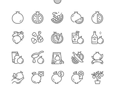 Nar meyvesi. Tam ve nar kesimi. Yiyecek dükkanı, süpermarket. Kafe için menü. Piksel Mükemmel Vektör İnce Çizgi Simgeleri. Basit Asgari Resim Grafiği