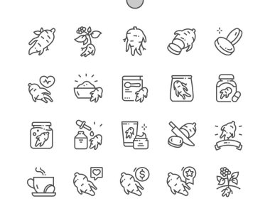 Ginseng. Yemek pişirme, yemek tarifleri ve fiyat. Doğa bitkisel organik gıda. Yiyecek dükkanı, süpermarket. Kafe için menü. Piksel Mükemmel Vektör İnce Çizgi Simgeleri. Basit Asgari Resim Grafiği