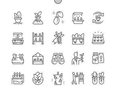 Hydroponic. Greenhouse. Farming and gardening. Growing plants. Sprout in the ground. Pixel Perfect Vector Thin Line Icons. Simple Minimal Pictogram